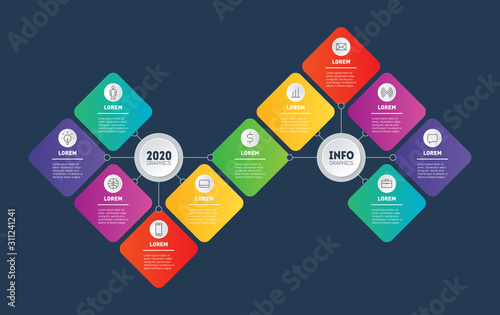 Gradual development of business in a crisis or recession. Presentation or info graphics with 11 steps. Template of Infographic for technological or education process with eleven options. Annual report