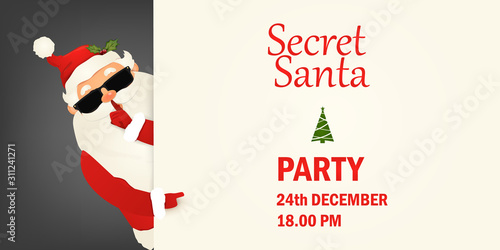Secret Santa Claus invitation background standing behind a blank sign, showing on big blank sign. Cartoon Santa Claus character holding a placard with white copy space. Santa clause party.