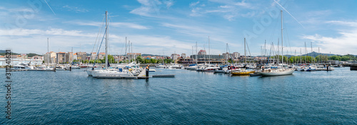 Villagarcia de Arosa, Pontevedra, Spain; May 5, 2019: panoramic view of Vilagarcia de Arousa harbor with many yachts