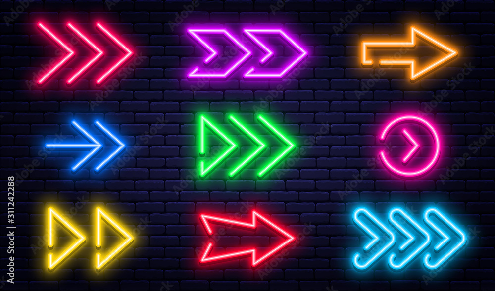 Set of glowing neon arrows. Glowing neon arrow pointers on brick wall  background. Retro signboard with bright neon tubes in red, yellow, purple  and blue colors Stock Vector | Adobe Stock