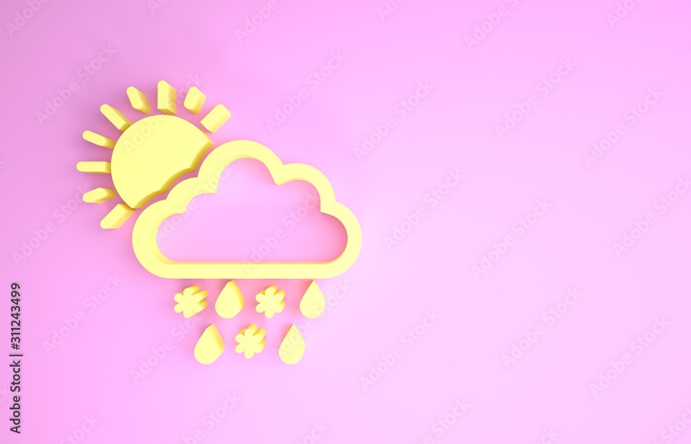 Yellow Cloud with snow, rain and sun icon isolated on pink background. Weather icon. Minimalism concept. 3d illustration 3D render