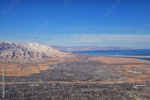 Rocky Mountains, Oquirrh range aerial views, Wasatch Front Rock from airplane. South Jordan, West Valley, Magna and Herriman, by the Great Salt Lake Utah. United States of America. USA.
