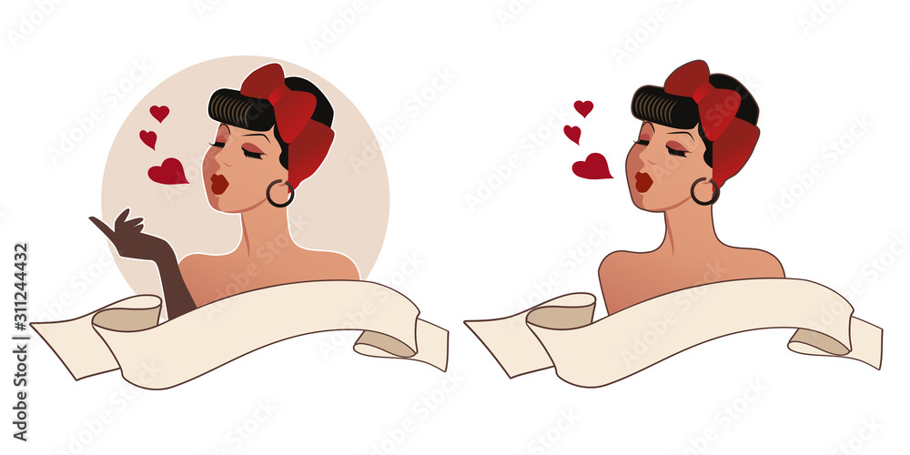 Beautiful pinup girl throwing kisses in the air. Empty text banner. Isolated on white background Beautiful pinup girl throwing kisses in the air. Empty text banner. Isolated on white background