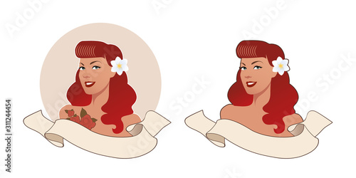 Beautiful redhead and tattooed pinup girl in retro style, wearing flower in her hair and blank text banner on white background.