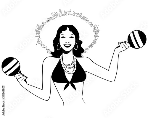 Beautiful latin girl playing maracas isolated on white background. Retro style