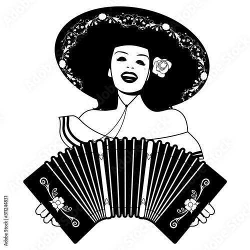 Beautiful latin girl wearing Mexican hat, singing and playing the accordion