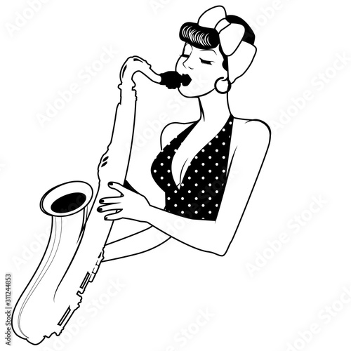 Beautiful and tattooed pin-up girl playing saxophone. Vector Illustration