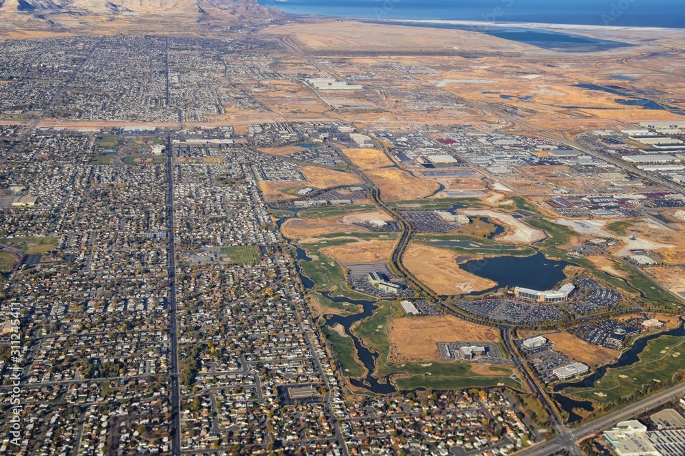 Rocky Mountains, Oquirrh range aerial views, Wasatch Front Rock from airplane. South Jordan, West Valley, Magna and Herriman, by the Great Salt Lake Utah. United States of America. USA.