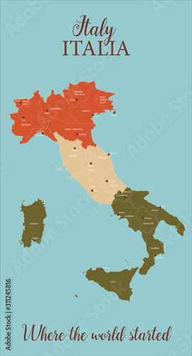 Italy vector map divided by regions with major cities names