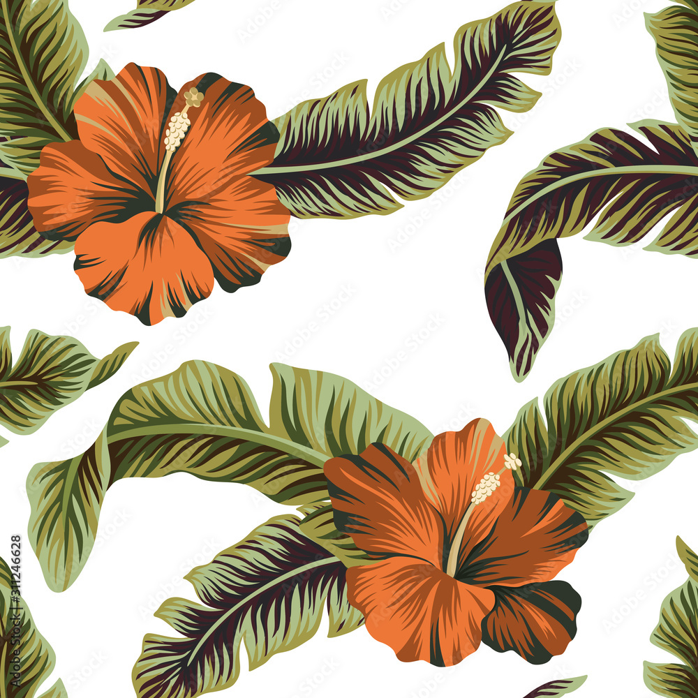 Tropical floral vintage hibiscus flower banana palm leaves seamless pattern  white background. Exotic Hawaiian wallpaper. Stock Vector | Adobe Stock