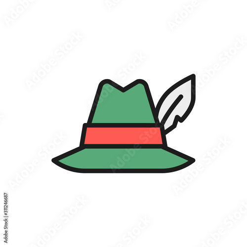 Hat with feather, hunter headdress flat color line icon.