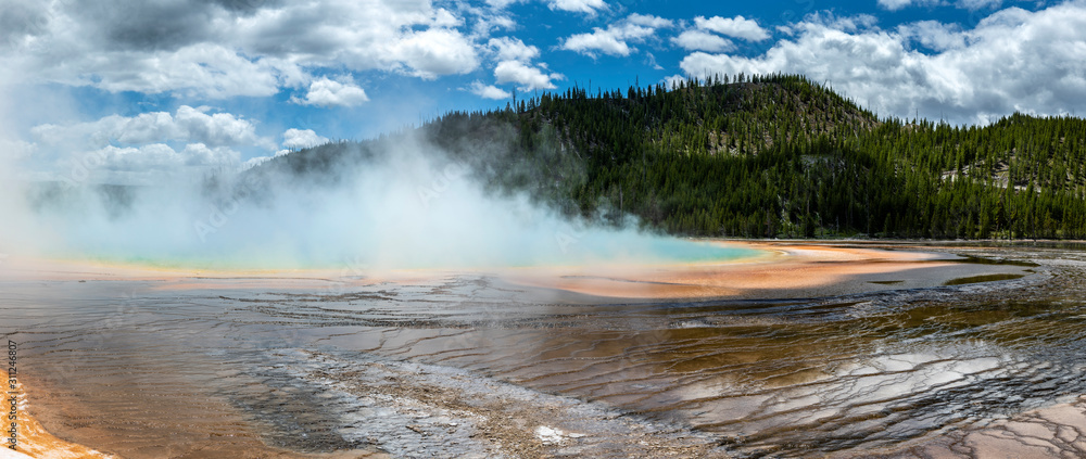 Panorama of grand prismatic spring area in the Yellowstone National Park. Panorama of grand prismatic spring area in the Yellowstone National Park.