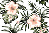 Tropical peach hibiscus and plumeria floral dark green palm leaves seamless pattern white background. Exotic jungle wallpaper.