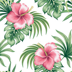 Fotobehang Hibiscus patronen Roze hibiscus vintage palmbladeren wit  © good_mood