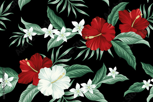Tropical Hawaiian vintage flower red hibiscus and white plumeria floral green palm leaves seamless pattern black background. Exotic jungle wallpaper.