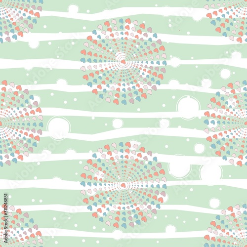 Seamless pattern, hand drawn hearts in brush organised into circles