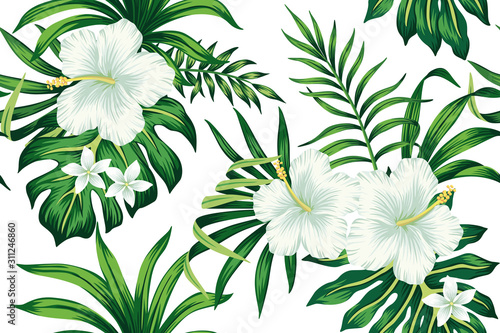 Tropical white hibiscus plumeria floral green leaves seamless pattern white background. Exotic jungle wallpaper.
