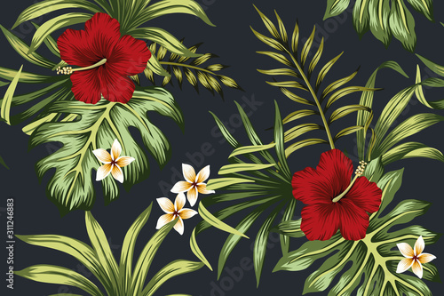 Tropical vintage hibiscus plumeria floral green leaves seamless pattern dark background. Exotic jungle wallpaper.