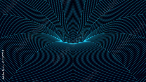 Vortex. Vector perspective curved grid. Wireframe abstract tunnel. 3D vector wormhole with a mesh structure.