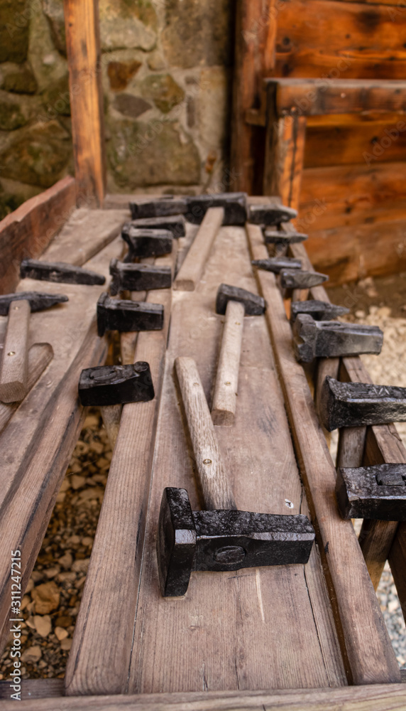 Hammers in a medieval smithy