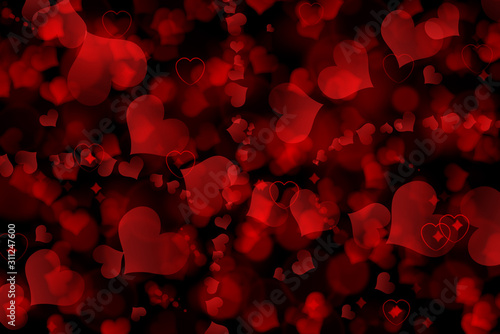 There are red hearts on the black background. Happy Valentine's Day