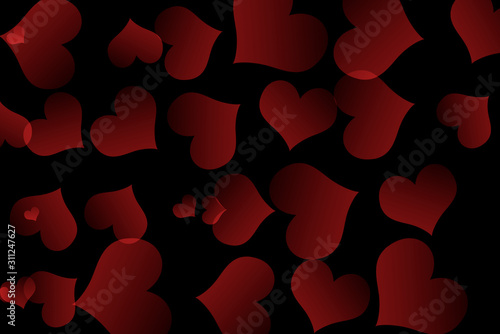 There are red hearts on the black background. Happy Valentine's Day