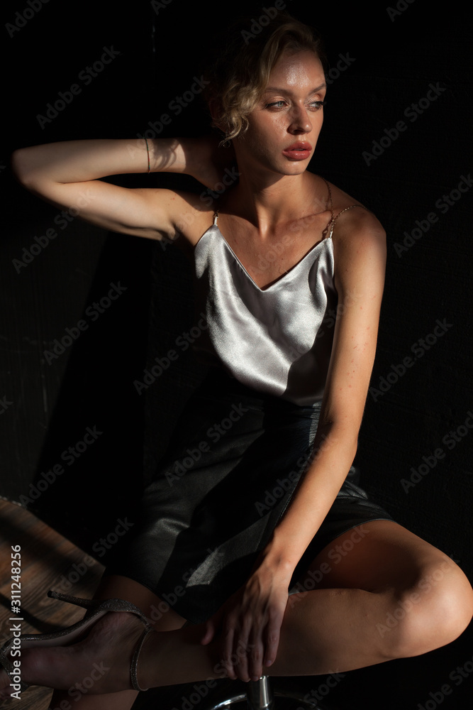 portrait of a beautiful fashionable blonde woman in a gray blouse and black skirt portrait of a beautiful fashionable blonde woman in a gray blouse and black skirt