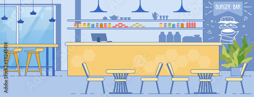 Burger Bar Interior Room with Counter Table Chairs