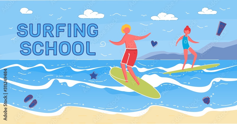 Surfing School Vector Banner with Happy Surfers