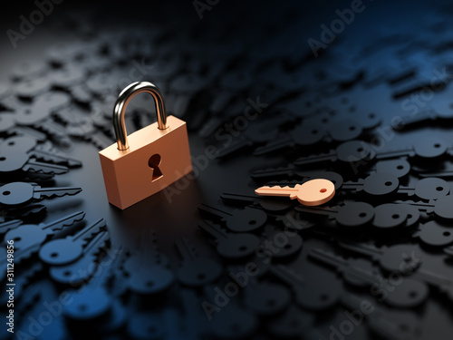 Fotografie One padlock with infinite keys, metaphor of problems, solutions  and risk manage