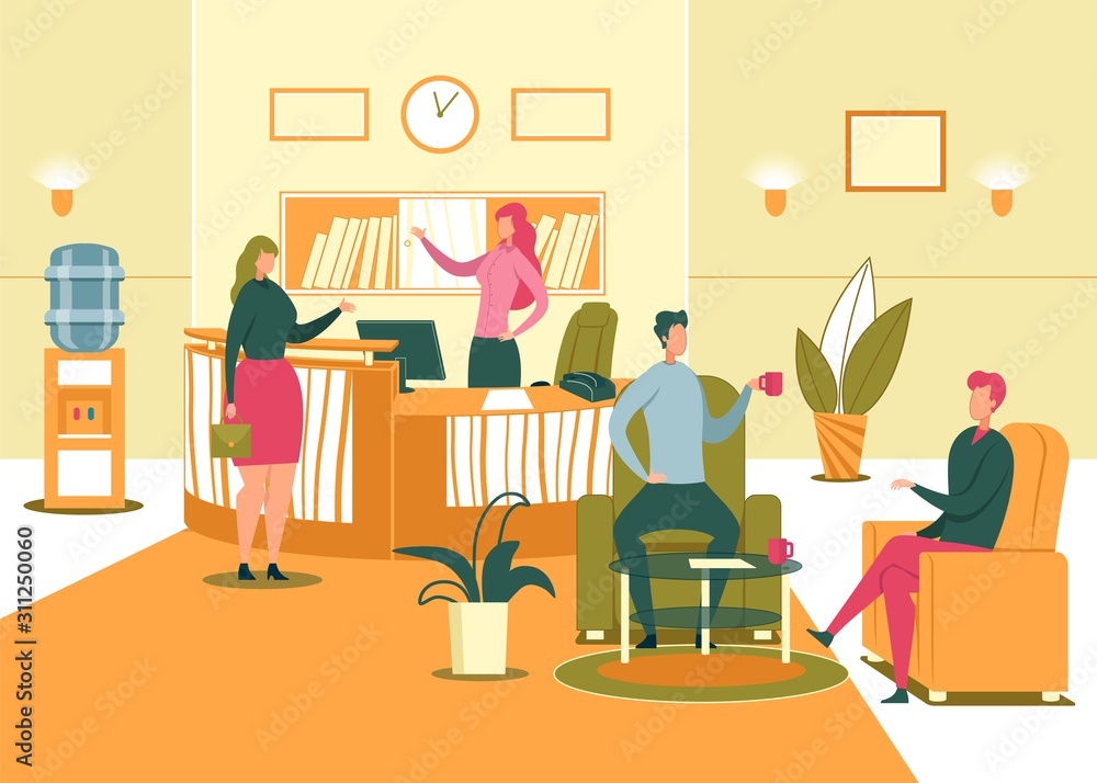 Company Reception or Waiting Room with Visitors. Company Reception or Waiting Room with Visitors.