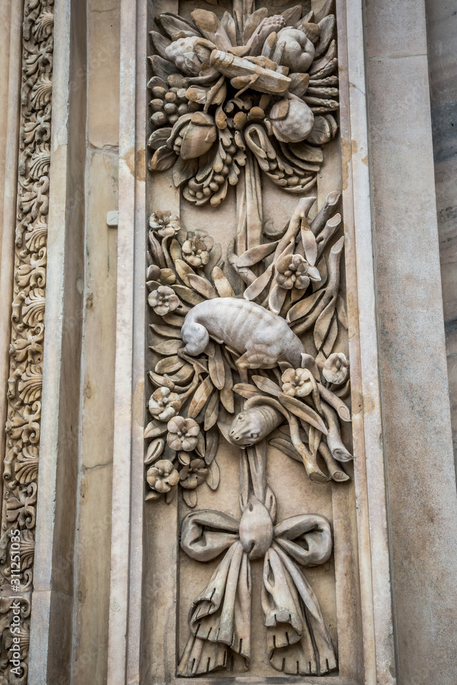 Details of the external bas-reliefs of Milan Cathedral (Duomo di Milano). Milan, Italy