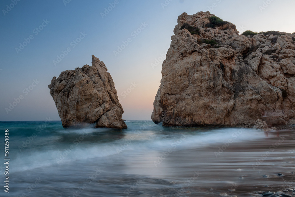 Aphrodite's stones in Cyprus near Limassol and Paphos. According to legend, these stones are the birthplace of the goddess Aphrodite. Water waves at long exposure.