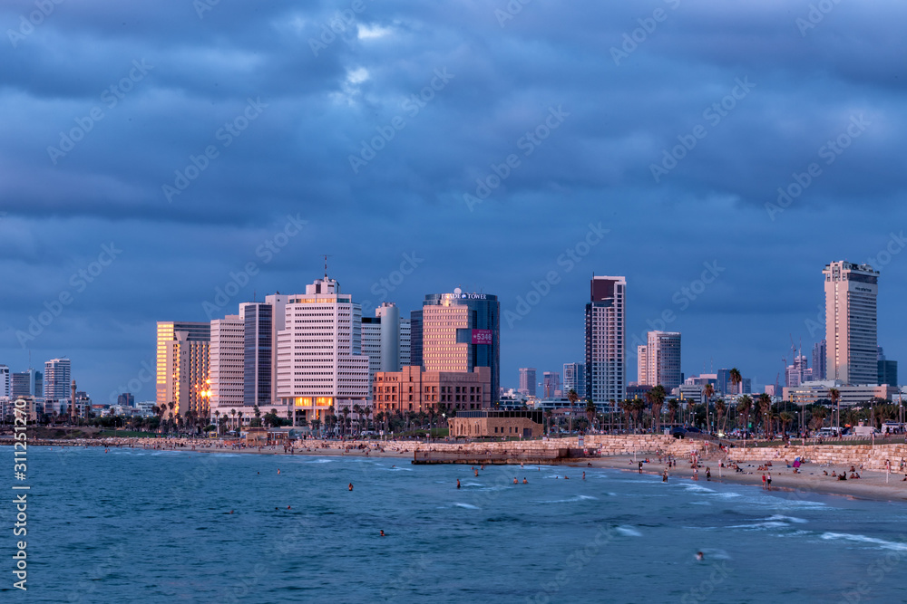 view of tel aviv from the sea sunset
