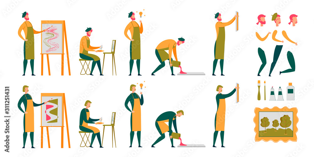 Fototapeta premium Talented Painter Character in Art Studio Flat Set