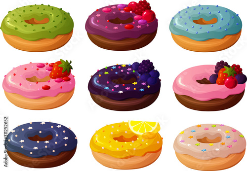 Vector illustration of various trendy hipster donuts with colorful frosting and toppings isolated on white background