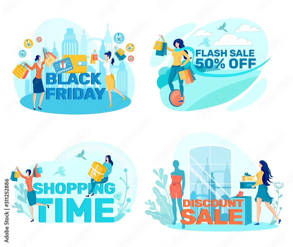 Naklejka premium Black Friday Flash Sale, Woman Visiting Stores.