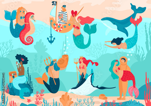 Mermaid vector cartoon beautiful girl princess and merman living underwater in ocean with sea animals whale and seahorse. Illustration set of fantasy pretty woman with tail on seaboard loving a sailor photo