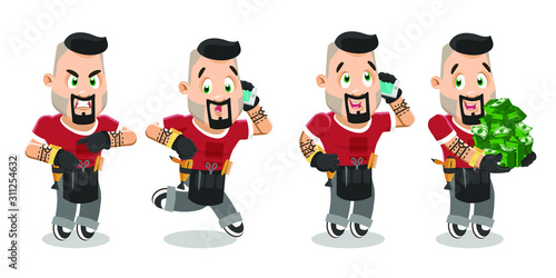 Vector set with handsome barber in different mood and poses.