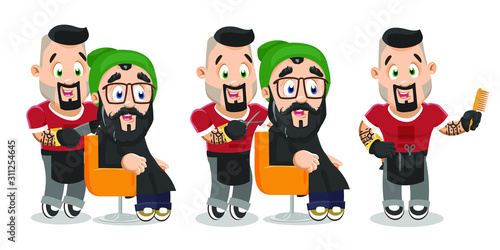 Bearded barber with tattoo spending time at work. Vector set.