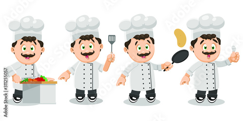 Moustached cook in white uniform spending time at work.
