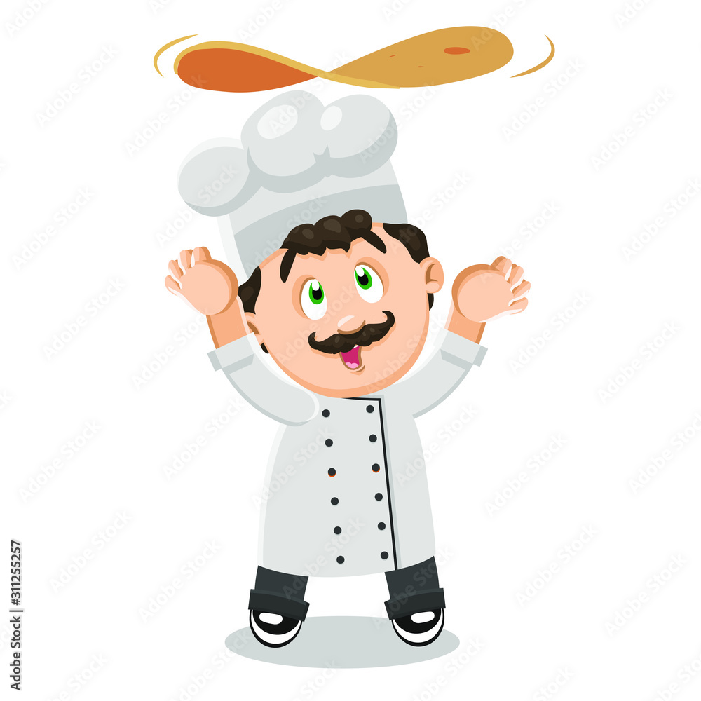 Mustached cute cook in uniform standing and cooking pizza. Mustached cute cook in uniform standing and cooking pizza.