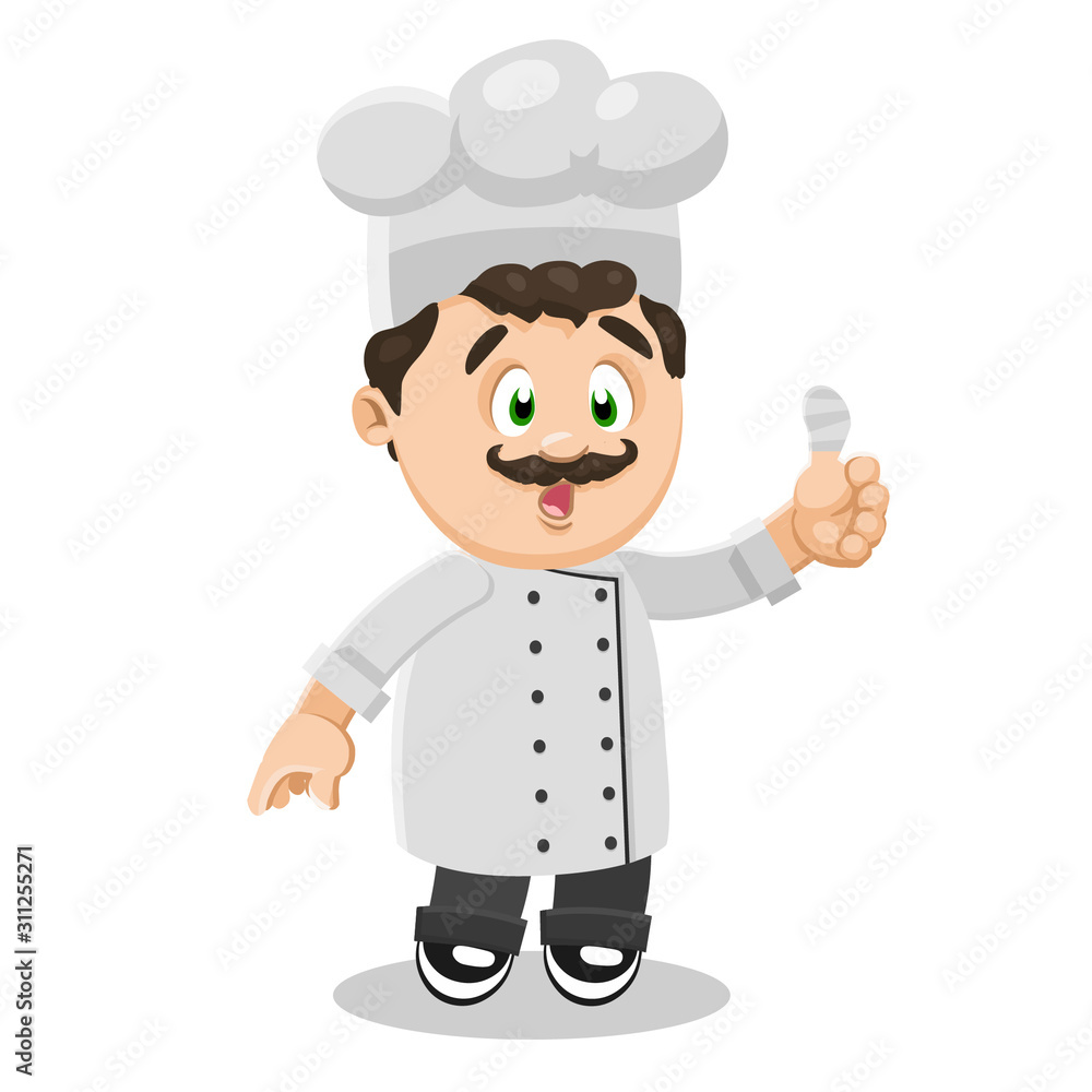 Curly cute chef in cook cap standing and looking to wounded finger. Curly cute chef in cook cap standing and looking to wounded finger.