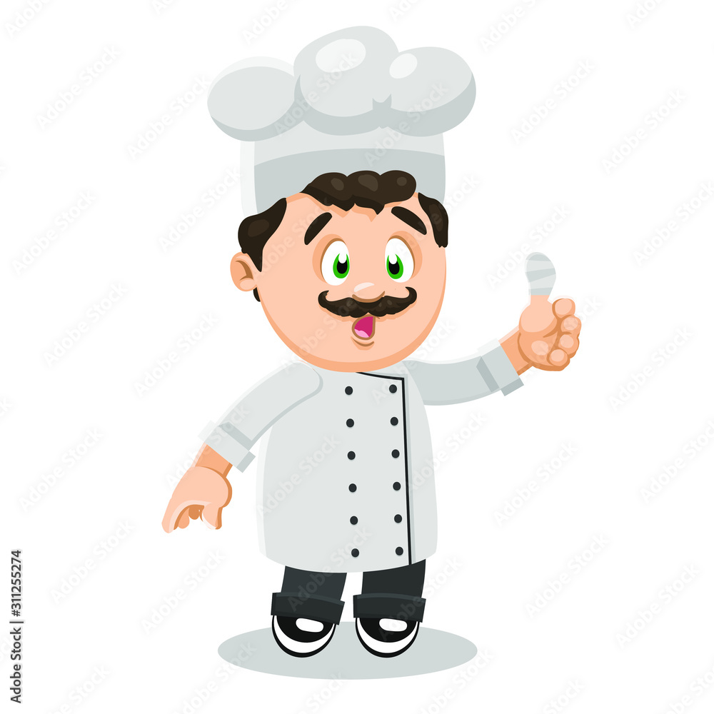 Curly cute chef in cook cap standing and looking to wounded finger. Curly cute chef in cook cap standing and looking to wounded finger.