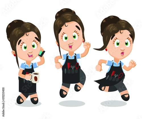 Vector set with different emotions and gestures of beautiful cute hairdresser.