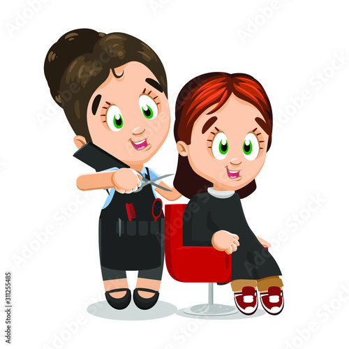 Brown haired cute hairdresser in tool apron smiling, speaking by smartphone, cutting client.