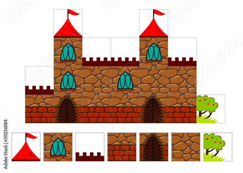 Set of 2d tileset for creating video game with medieval castle. Printable template for kids hardworking. Tiles with parts of stone building. Flat vector cartoon image for puzzle background. photo