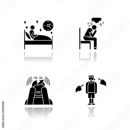 Mental disorder drop shadow black glyph icons set. Sleep deprivation. Depression and anxiety. Stress. Anti-social behaviour. Migraine. Teenager harassment and bullying. Isolated vector illustrations photo