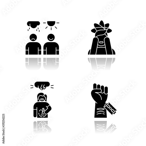 Mental disorder drop shadow black glyph icons set. Anxiety. Predmenstrual dysphoria. Self-harm. Season affective disorder. Mood swing. Cut vein. Woman in pain. Isolated vector illustrations