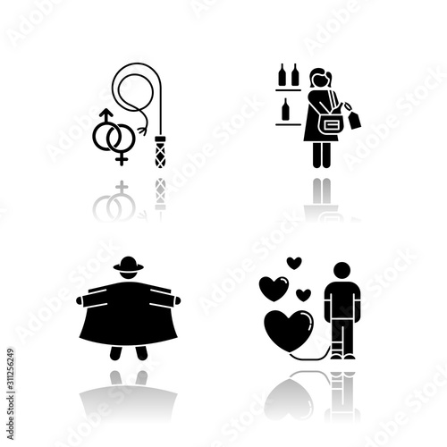 Mental disorder drop shadow black glyph icons set. Sexual fetishism. Kleptomania. Exhibitionism. Obsessive love. Steal alcohol. Possessive relationship. Perversion. Isolated vector illustrations
